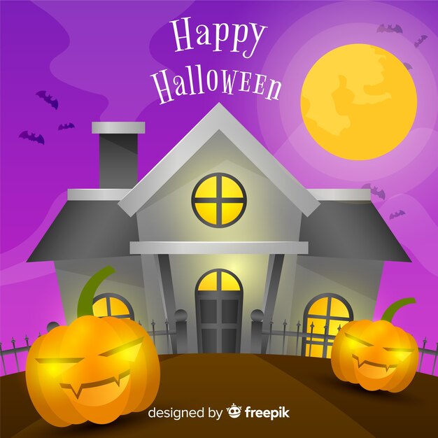 Halloween haunted house background in flat design