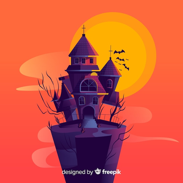 Free vector halloween haunted house background in flat design