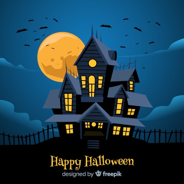 Vettore gratuito halloween haunted house background in design piatto