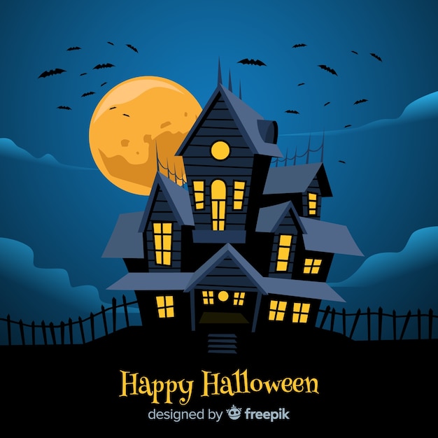 Halloween haunted house background in flat design
