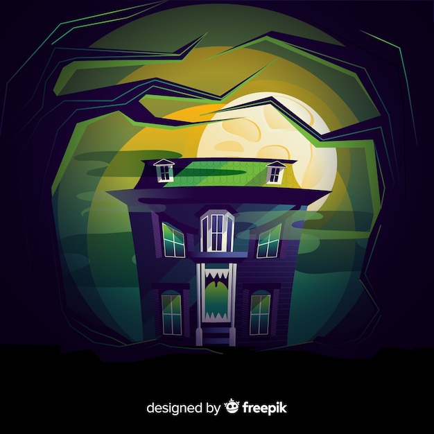 無料ベクター フラットデザインのハロウィーンの幽霊の家の背景