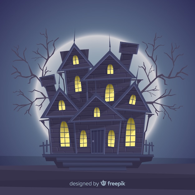 Halloween haunted house background with gradient lights Premium Vector