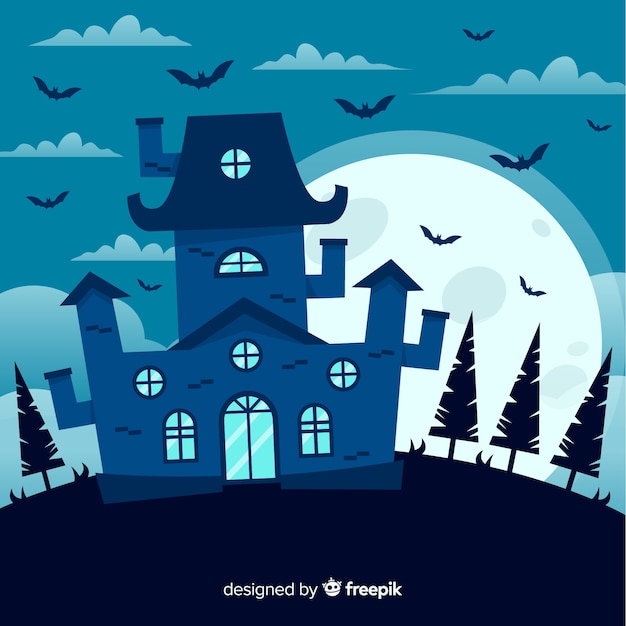 Vettore gratuito casa stregata di halloween in design piatto