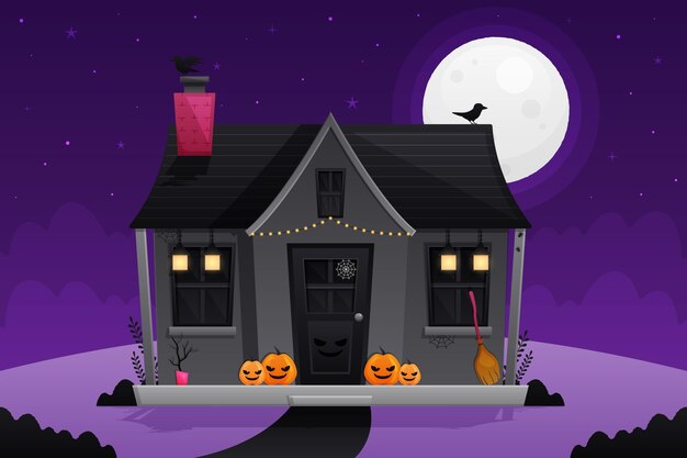 お化け屋敷のシルエットとハロウィーンの背景 無料のベクター