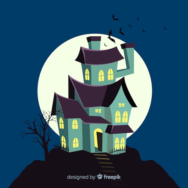 Free vector halloween haunted house with flat design