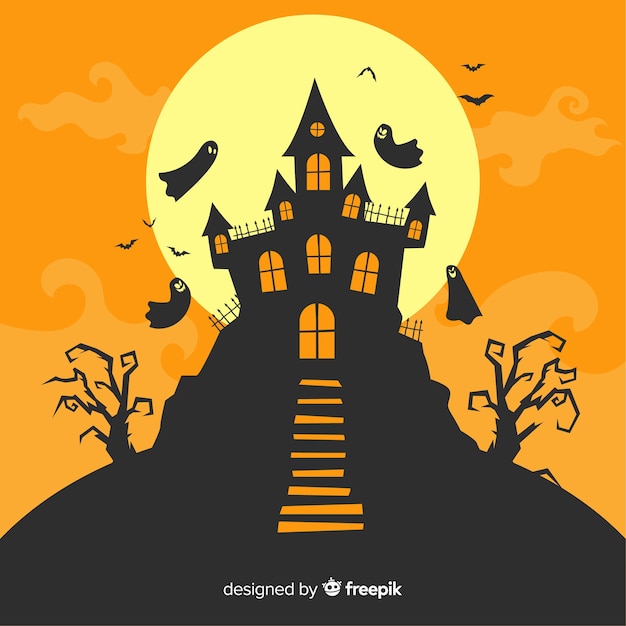 Vettore gratuito halloween haunted house con design piatto