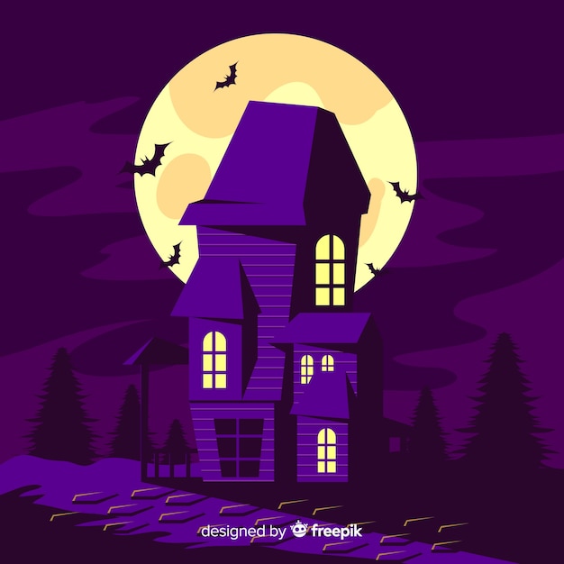 Дом с привидениями на Хэллоуин с плоским дизайном
