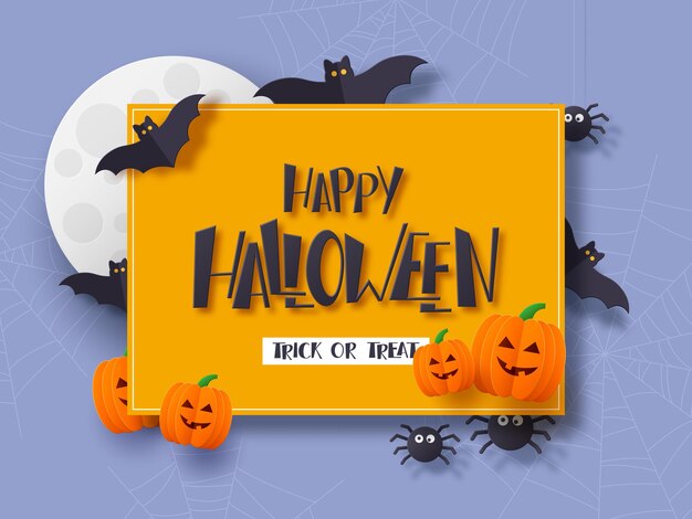 Halloween holiday poster. 3d paper cut style flying bats with full moon and hand drawn greeting text. Dark background. Vector illustration.