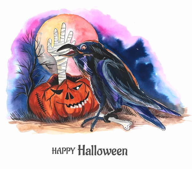 Halloween horror pumpkins with raven background