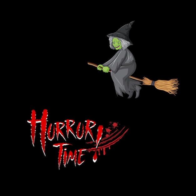 Vettore gratuito logo di carattere halloween horror time con personaggio dei cartoni animati della strega