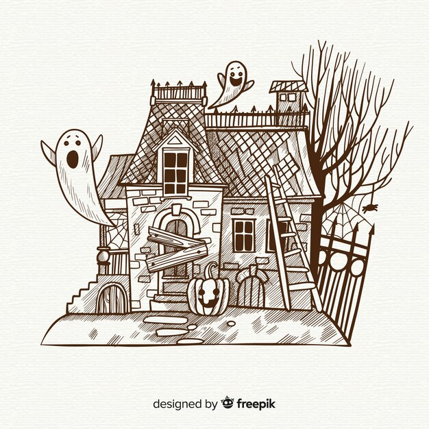 Halloween house background in hand drawn style