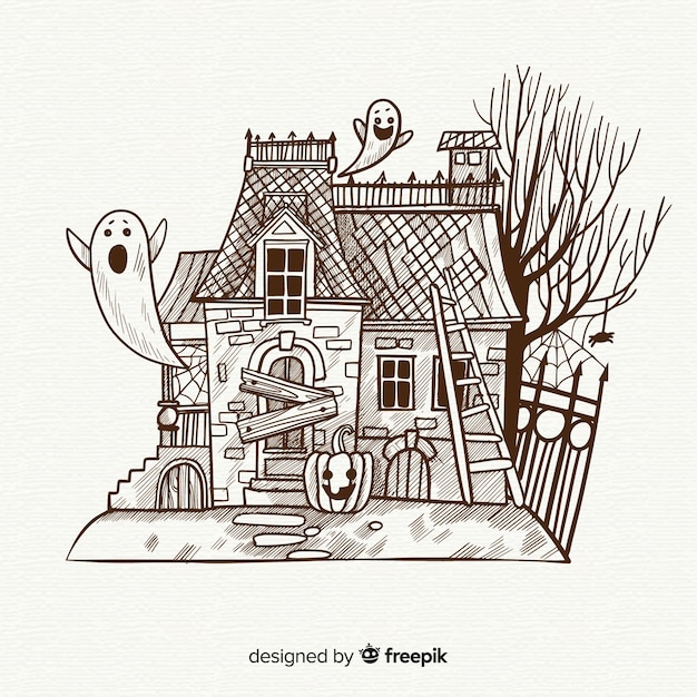 Halloween house background in hand drawn style