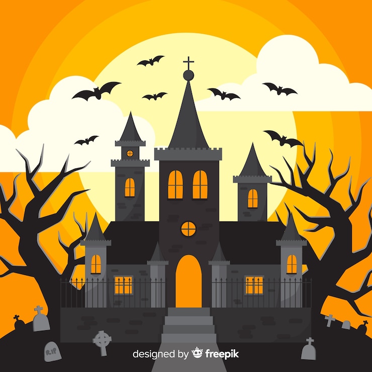 Free Vector halloween house background with cemetery