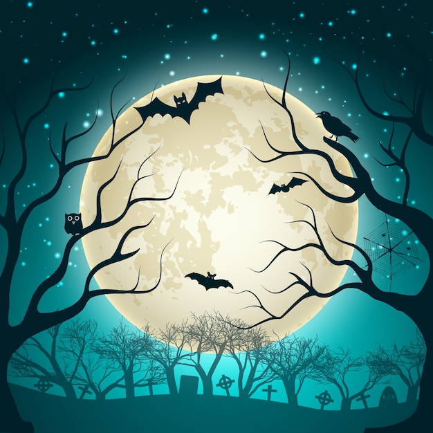 Vettore gratuito illustrazione di halloween con grande sfera di luna incandescente sul cielo notturno e pipistrelli nella foresta magica piatta