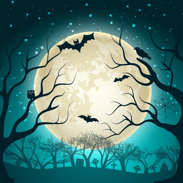 魔法の森のフラットで夜の輝きの空とコウモリに大きな光る月のボールとハロウィーンのイラスト