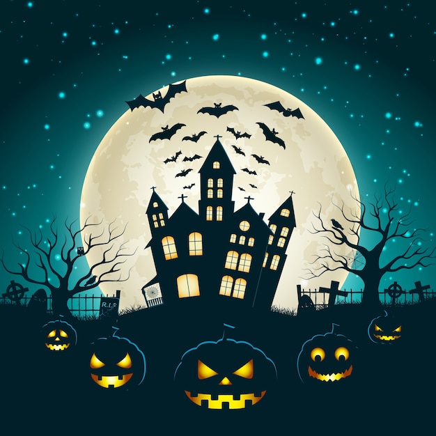 Halloween illustration with silhouette of castle at glowing moon and dead trees near cemetery crosses flat