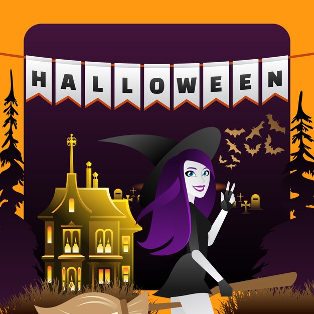 魔女と魔法の家のハロウィーンイラスト プレミアムベクター