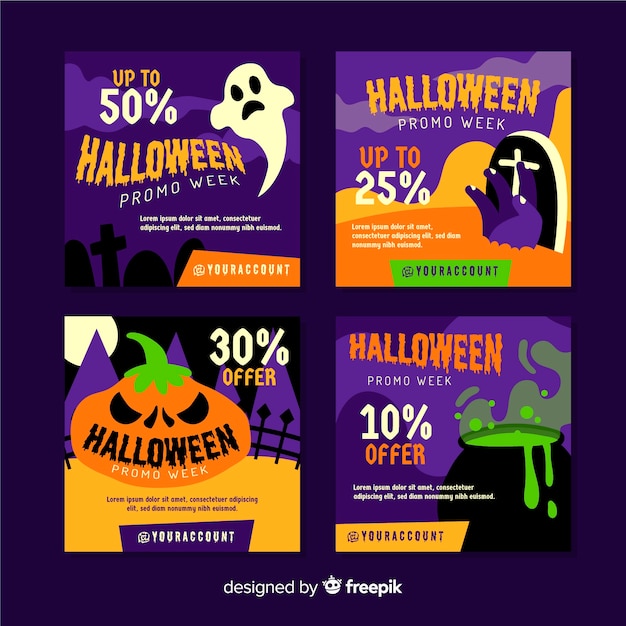 Free vector halloween instagram post collection with creatures