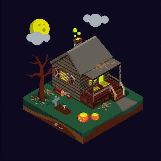 ハロウィーン等尺性お化け屋敷イラスト プレミアムベクター