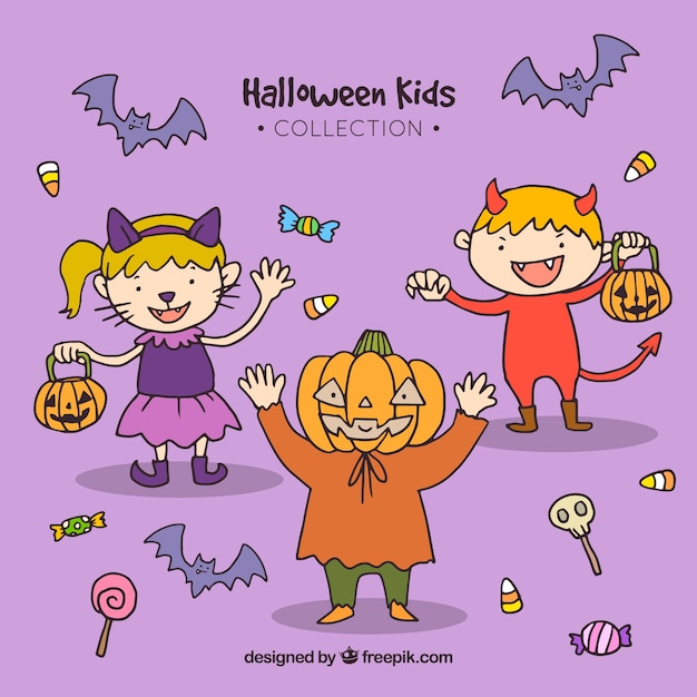 Halloween kids on a lilac background