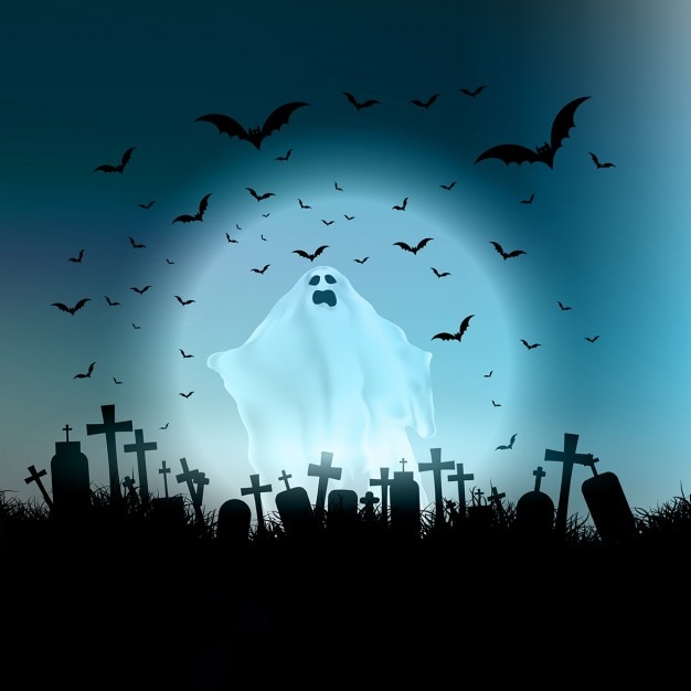 Halloween landscape with ghostly figure and cemetery