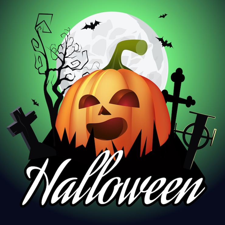 Free Vector halloween lettering. jack o lantern on graveyard, tree and moon