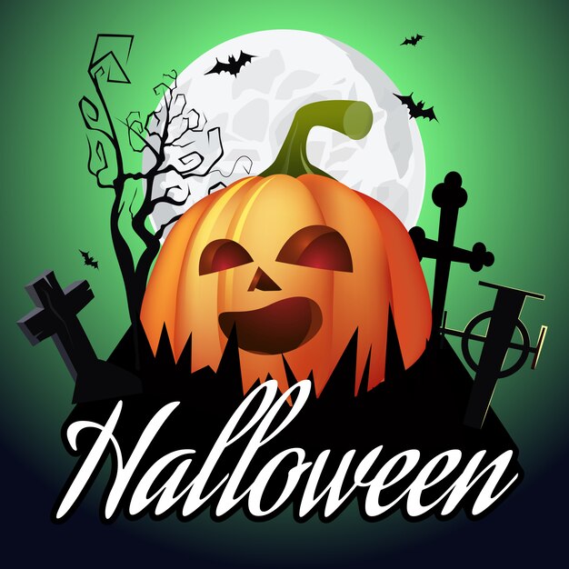 Halloween lettering. Jack o lantern on graveyard, tree and moon