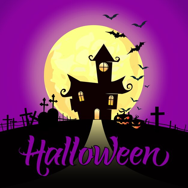 Хэллоуин-надпись с полной луной, замком, тыквами и летучими мышами