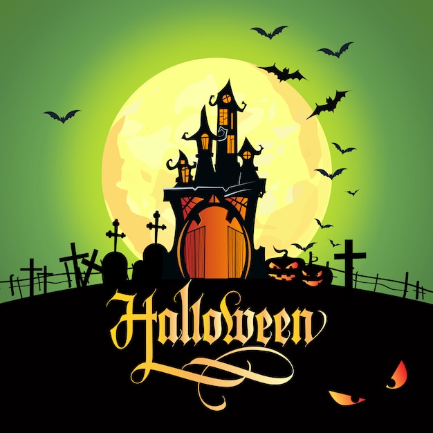 Хэллоуин-надпись с луной, кладбищем и замком