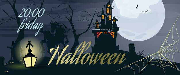 Хэллоуин с надписью с паутиной, луной, замком и фонарем