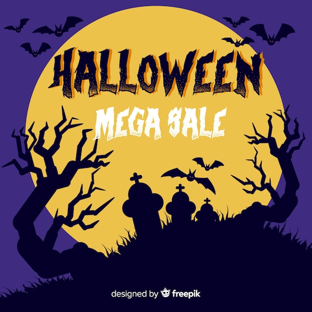 Halloween mega sale with full moon and tomb stones