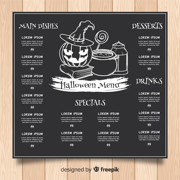 Free vector halloween menu template in hand drawn style