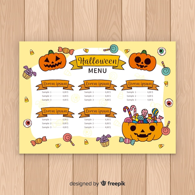 Free vector halloween menu template in hand drawn style