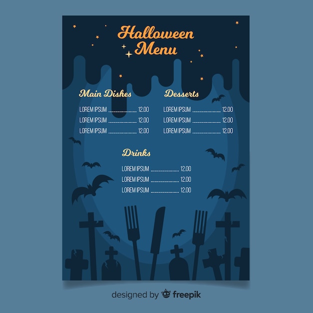 Vettore gratuito modello di menu di halloween con design piatto