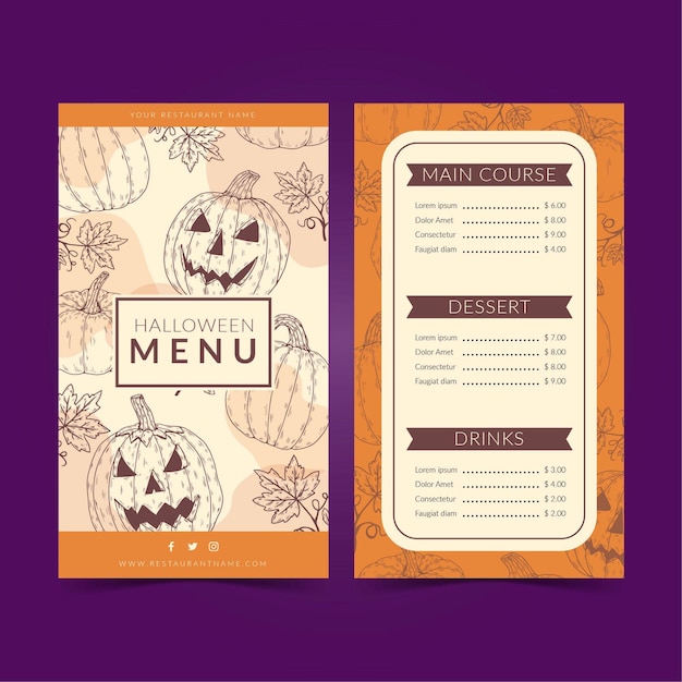 Free vector halloween menu template with pumpkins