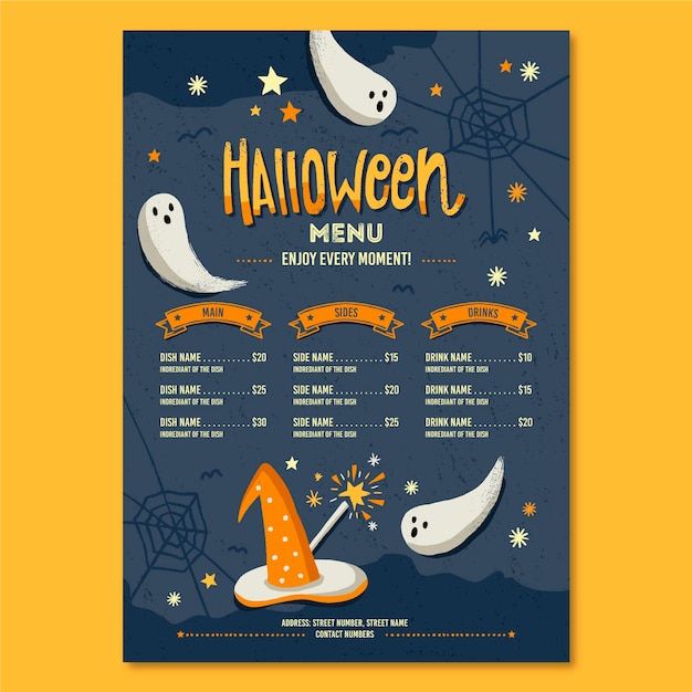 Free vector halloween menu template with spooky illustrations