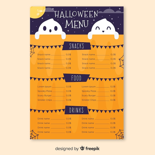 Halloween menu with cute smiley ghosts