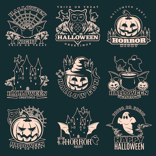 Vettore gratuito insieme dell'emblema monocromatico di halloween