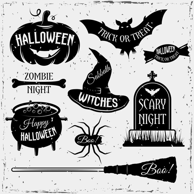 Halloween monochrome vintage element set with quotes