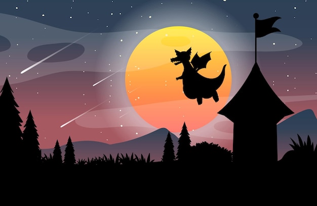 Free vector halloween night background with dragon flying silhouette