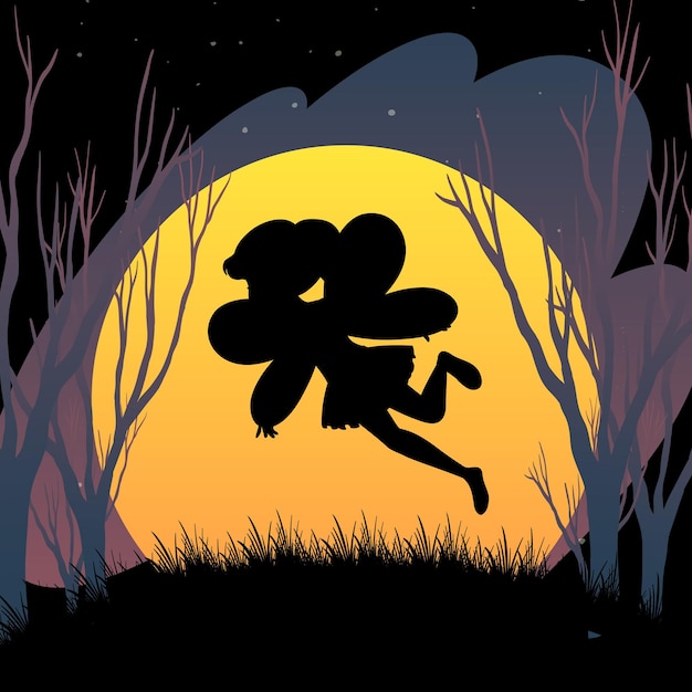 Halloween night background with fairy silhouette