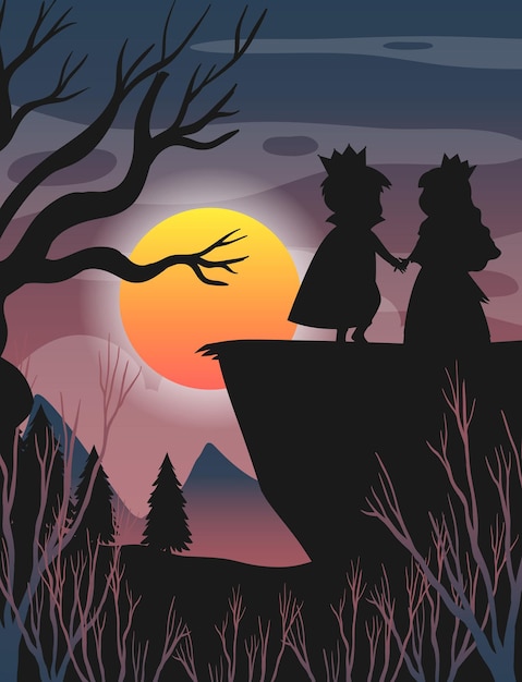 Бесплатное векторное изображение Хэллоуин ночь фон с принцем и принцессой силуэт