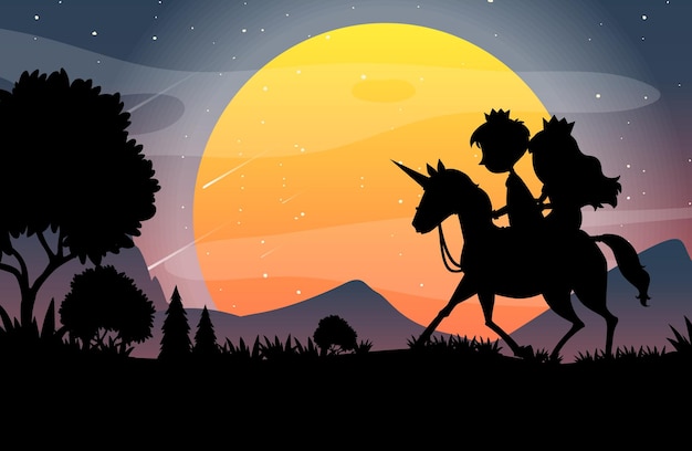 Halloween night background with prince and princess silhouette