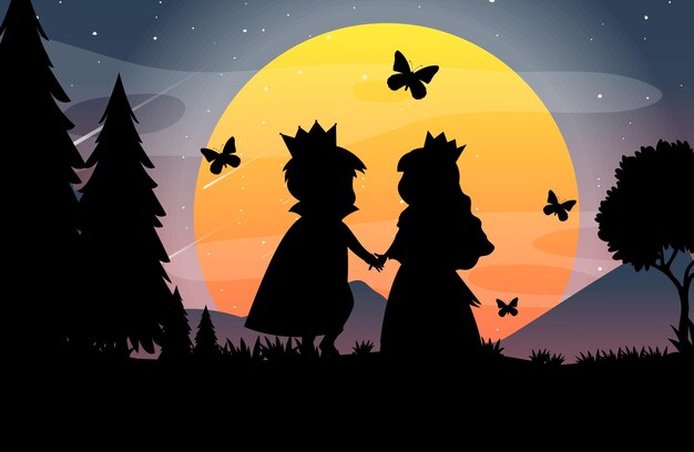 Halloween night background with prince and princess silhouette