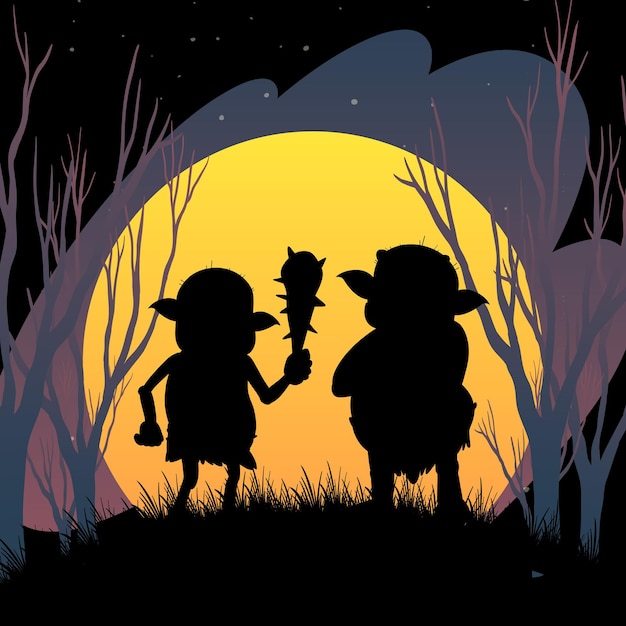 Halloween night background with trolls silhouette