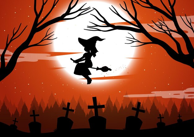 Halloween night background with witch silhouette