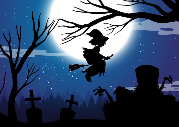 Vettore gratuito sfondo di notte di halloween con sagoma di strega