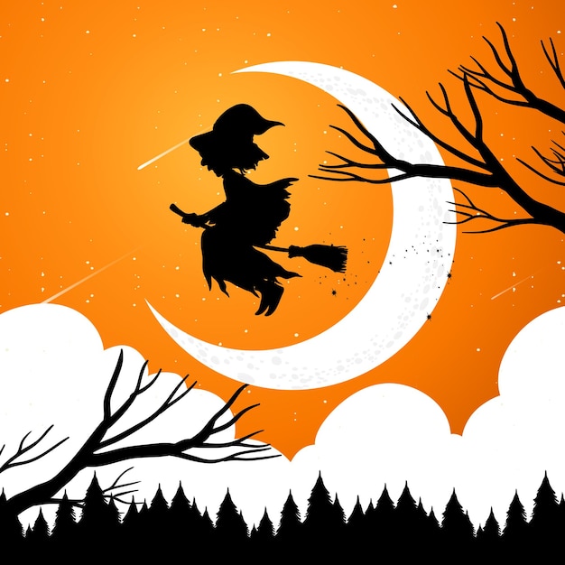 Halloween night background with witch silhouette