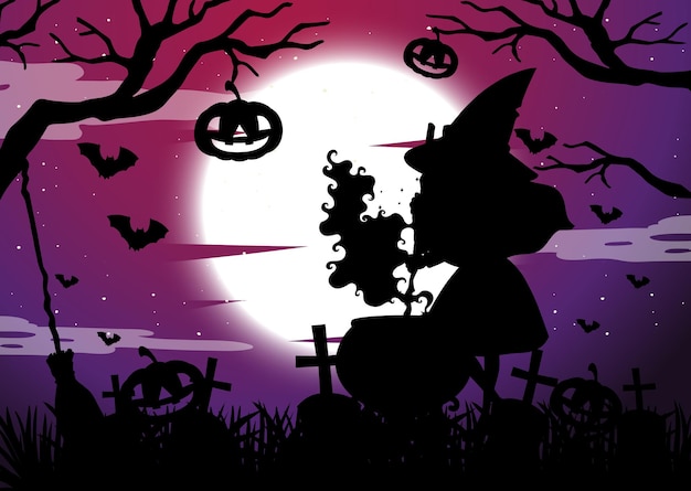 Halloween night background with witch silhouette