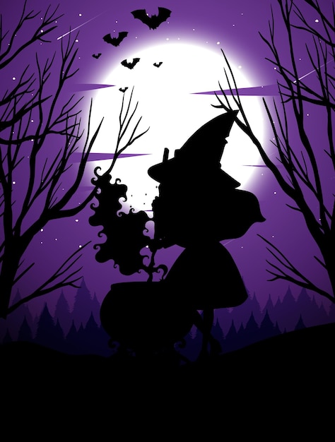 Free Vector halloween night background with witch silhouette
